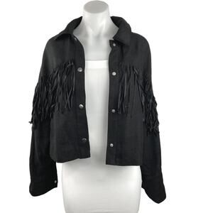 H&M Western Black Faux Suede Fringe Cowboy Leather Button Down Collar Jacket  M
